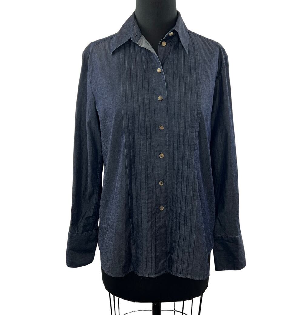 J BRAND Navy Blue Pintucked Long Sleeve Button-Down Collared Tuxedo Shirt Size S